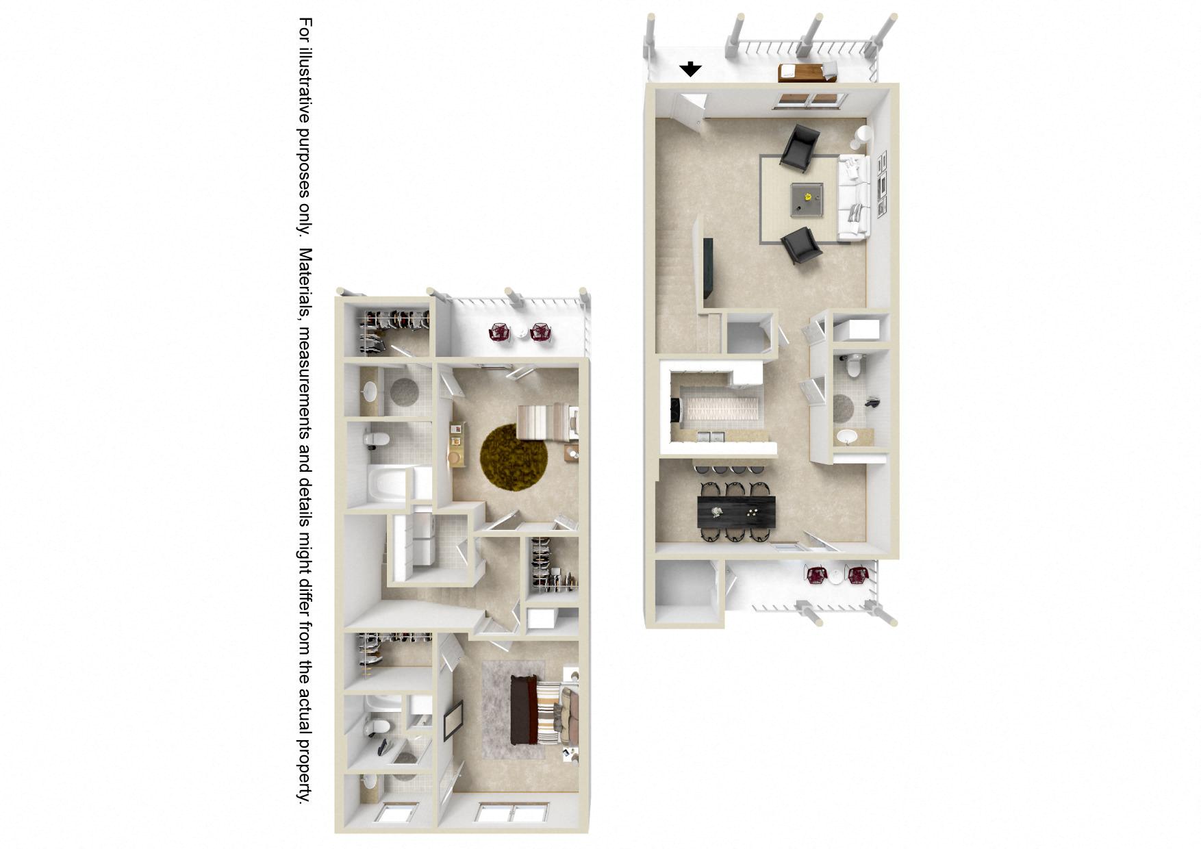 Floor plan for 2 beds, 2.5 baths, 1643 sqft